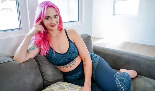 A beauty with pink hair showed a big ass and gave a blowjob in the fir...