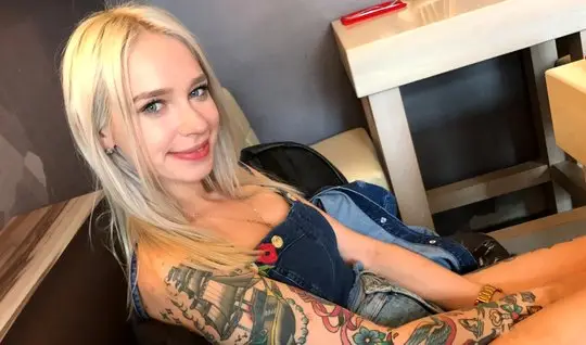 Tattooed blonde is not against pickup and hot sex on video camera...