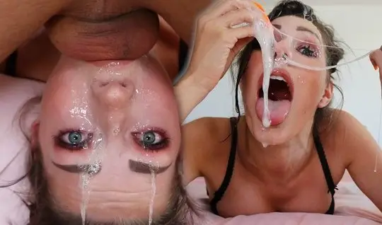 The girl lying on her back opens her mouth for a deep blowjob with spe...