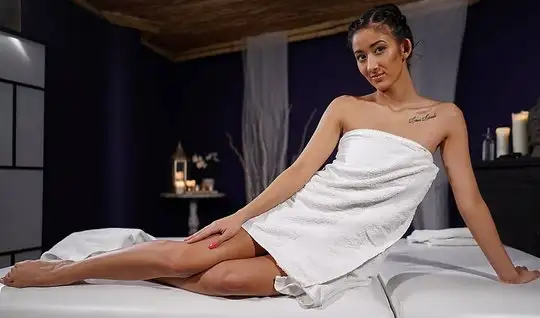 A massage therapist after a session of fuck slim brunette on the deskt...
