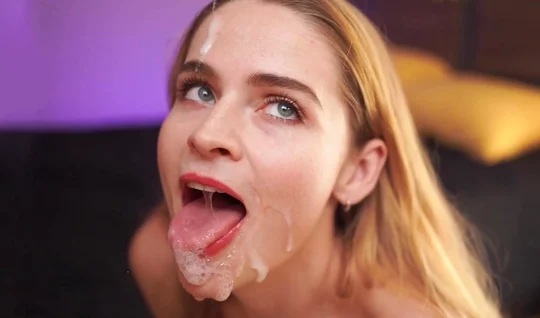 Russian blonde gets dirty with cum while sucking cock...
