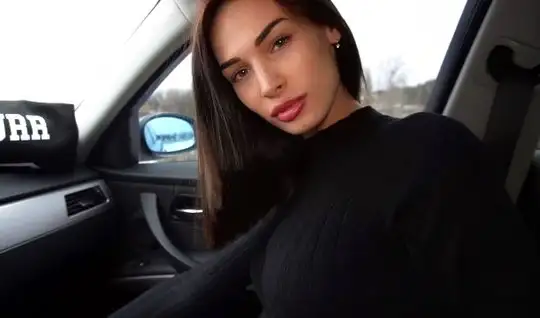 Russian brunette in the car makes his friend a Blowjob and takes the c...