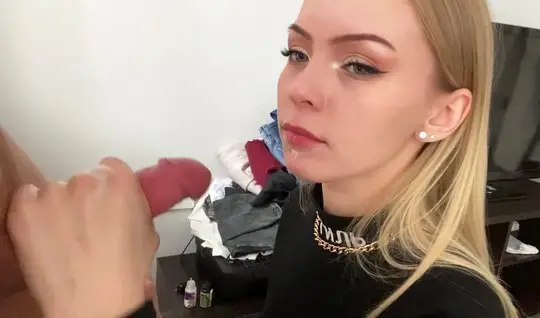 Russian girl on her knees pleases her friend with a deep and beautiful blowjob