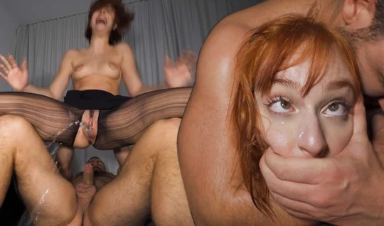 The red-haired bitch is fucked hard and she cums violently with a squirt