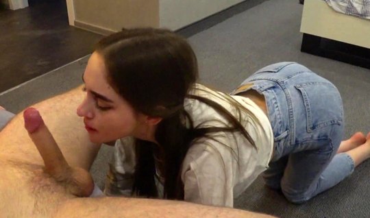 Girl on her knees made Russian Blowjob and takes the cum