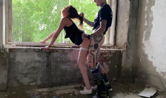 Russian couple films homework sex in an abandoned building doggy style and cums