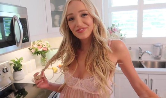 The blonde takes off her pink peignoir and cums from home sex with a neighbor
